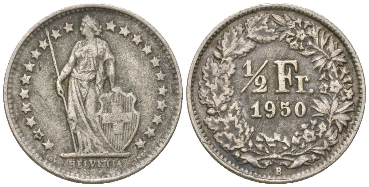 Швейцария 1/2 франка 1950 B KM 23 серебро 4615-1013