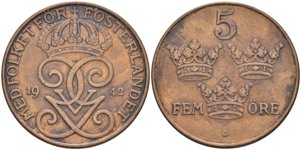 Швеция 5 эре 1942 Густав V (1907-1950), редкая KM 779.2 бронза 4557-645