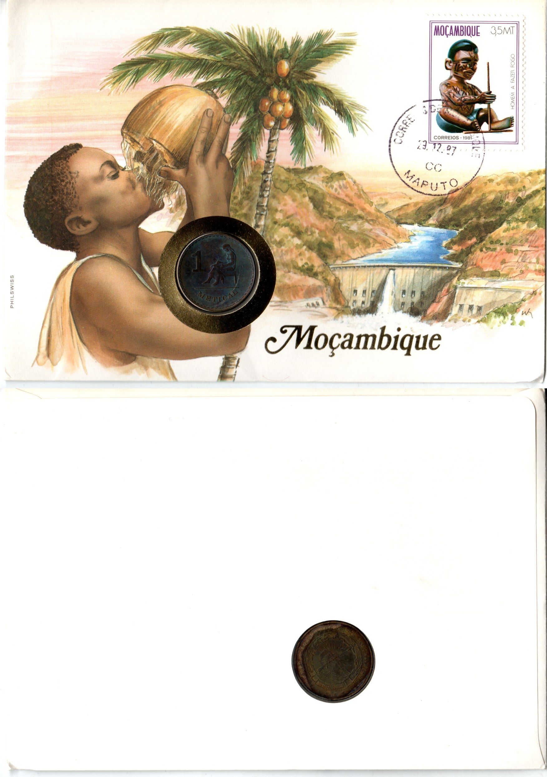 Мозамбик 1 метикал 1982 в красочном конверте с маркой первого дня гашения KM 99 латунь 9000-29