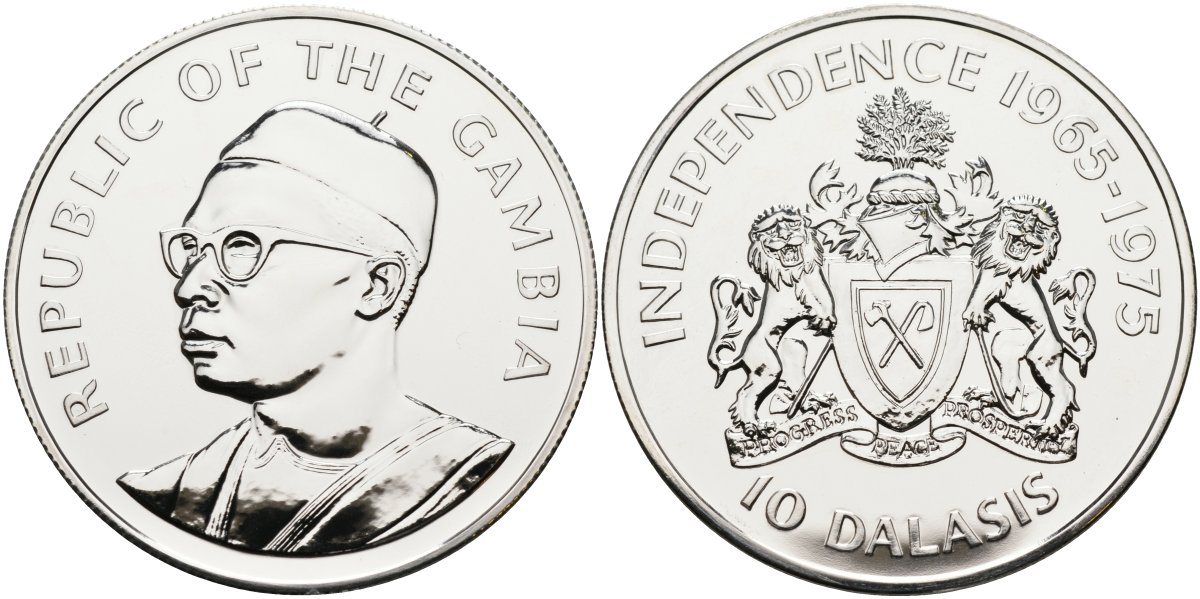 Гамбия 10 даласи 1975 10 лет независимости, тираж 50000 экз. KM 16 серебро UNC 1098-2-33