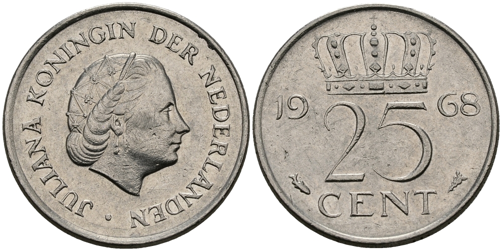 НИДЕРЛАНДЫ 25 ЦЕНТОВ 1968 ЮЛИАНА KM 183 никель 96-212