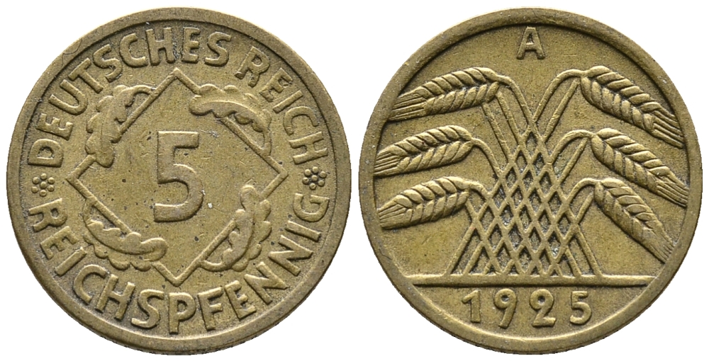 Германия 5 рейхспфеннигов 1925 A KM 39, J. 316, Weege 7 алюминиевая бронза 39-548
