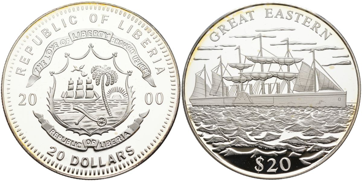 Либерия 20 долларов 2000 пароход "GREAT EASTERN" KM 658 серебро PROOF 11-155-12