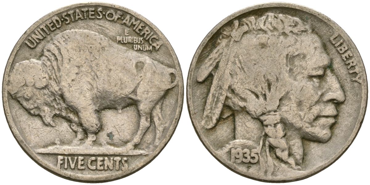 США 5 центов 1935 индеец, бизон KM 134 медно-никель 4525-1056