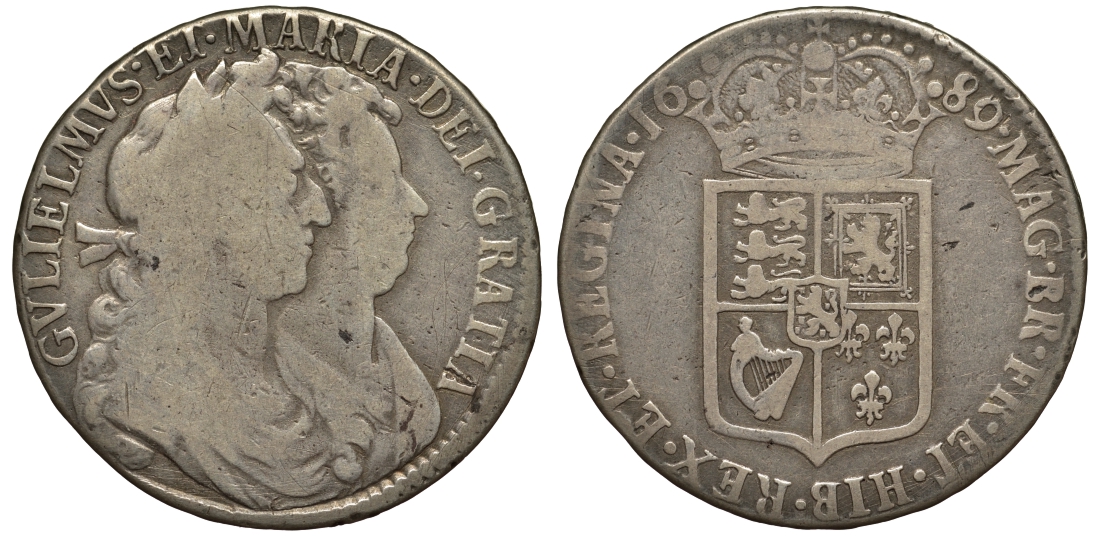 Англия 1/2 кроны 1689 Вильгельм III и Мария II (1688-1694) KM 472.1, Spink 3434 серебро 00-821-61