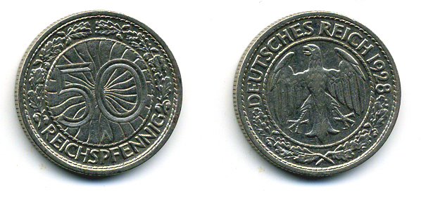 Германия 50 рейхспфеннигов 1928 A KM 49, J.324 никель 58-357