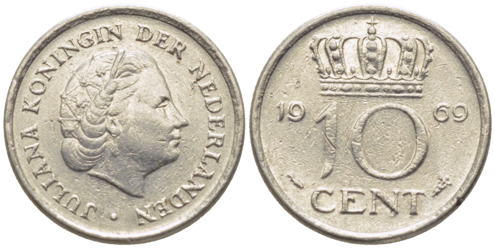 Нидерланды 10 центов 1969 Юлиана (1948-1980) KM 182 никель 112-343