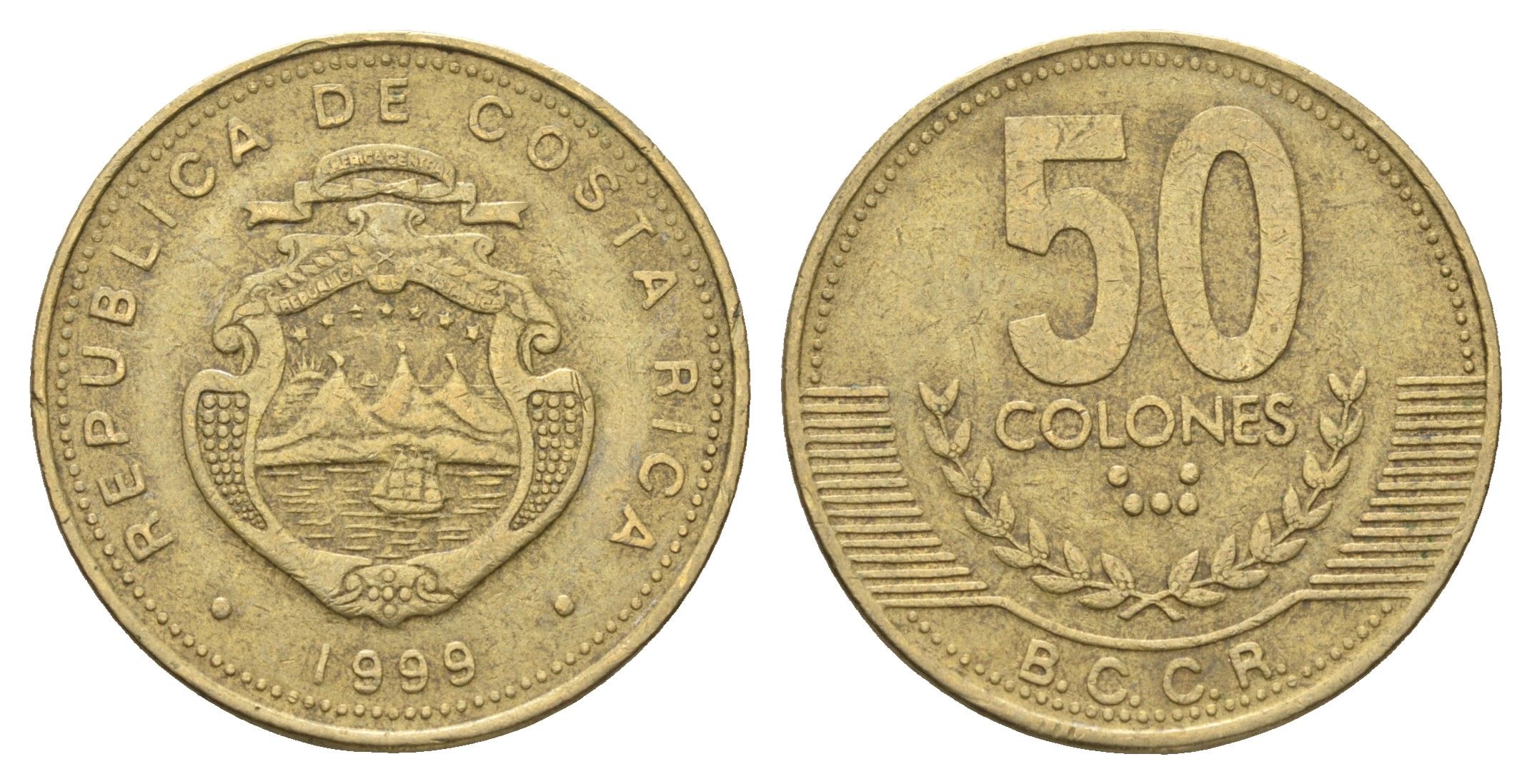 Коста-Рика 50 колонов 1999 год-тип KM 231.1 латунь 4663-1013