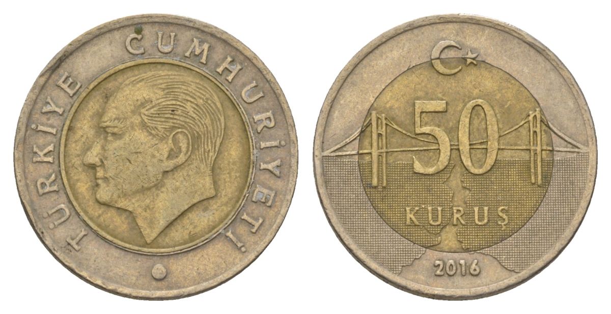Турция 50 курушей 2016 Кемаль Ататюрк KM 1243 биметалл 4390-757