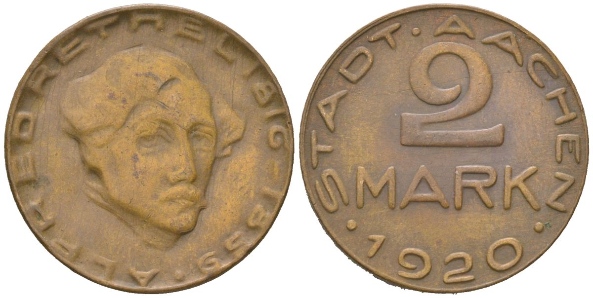 Аахен 2 марки 1920 Альфред Ретель Funck 1.17, Men05 70.63, Men18 99.63 латунь 4616-256