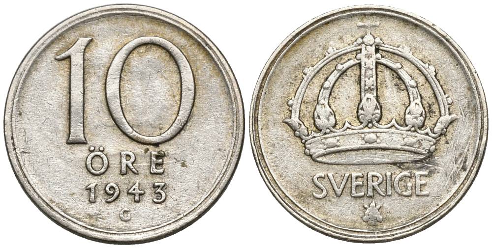 Швеция 10 эре 1943 G, Густав V (1907-1950), проба 400 KM 813 серебро 4549-1114