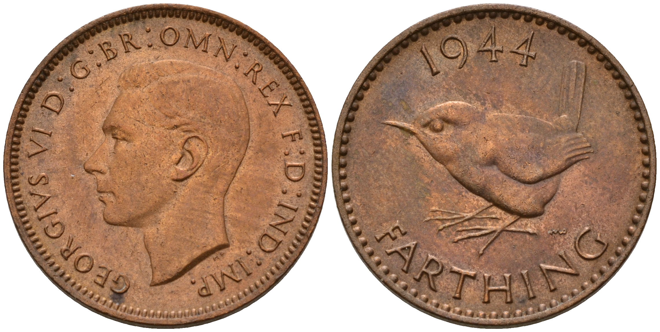 Великобритания 1 фартинг 1944 Георг VI (1936-1952) KM 843, Spink 4116 бронза  UNC  4602-734