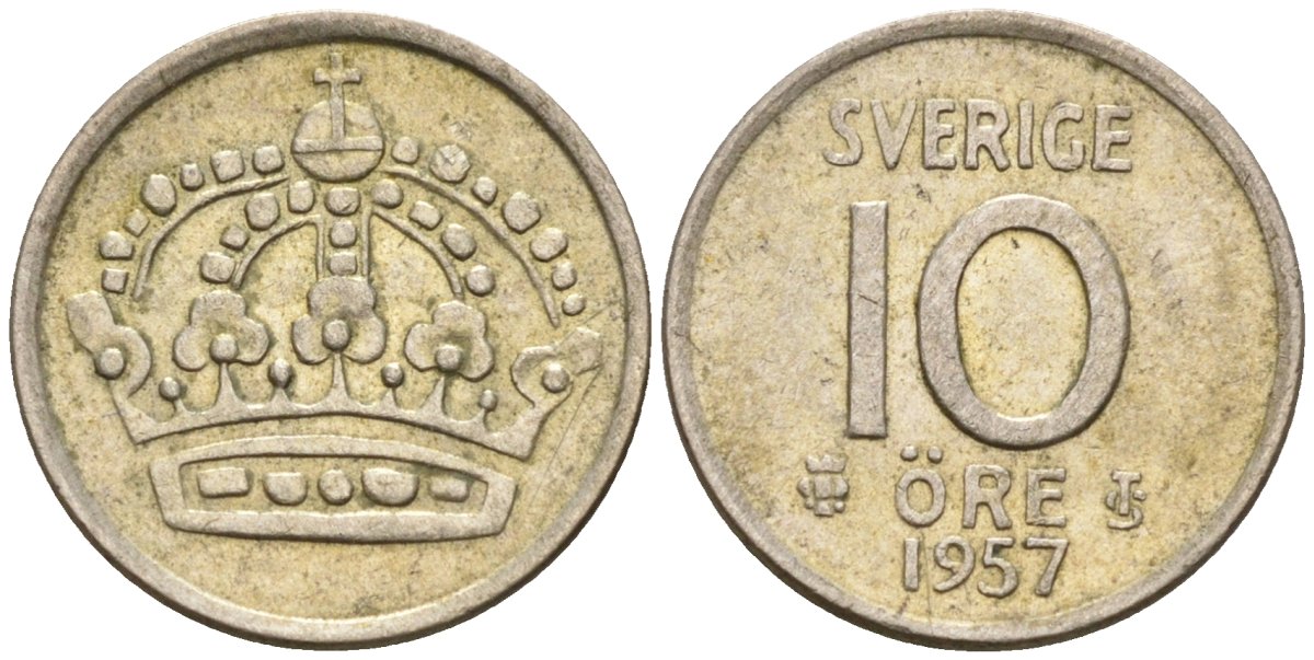 Швеция 10 эре 1957 Густав VI Адольф (1950-1973) KM 823 серебро 4585-348