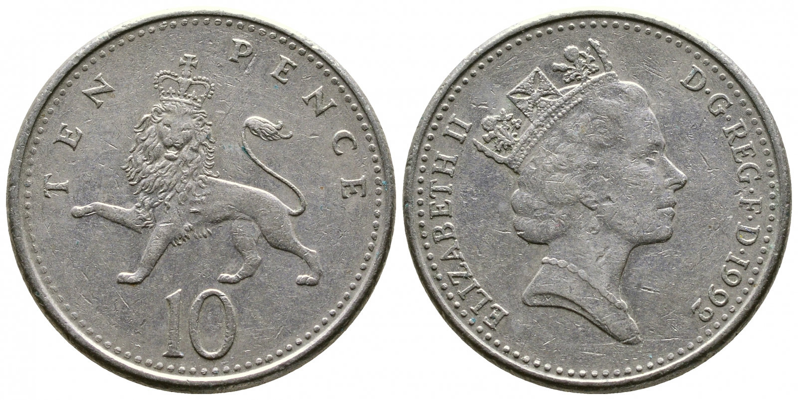 Великобритания 10 пенсов 1992 Елизавета II (1952-2022) KM 938b, Spink 4367 (F4) медно-никель 4179-921