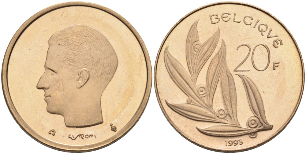Бельгия 20 франков 1993 Belgique KM 159 никель бронза UNC 189-932
