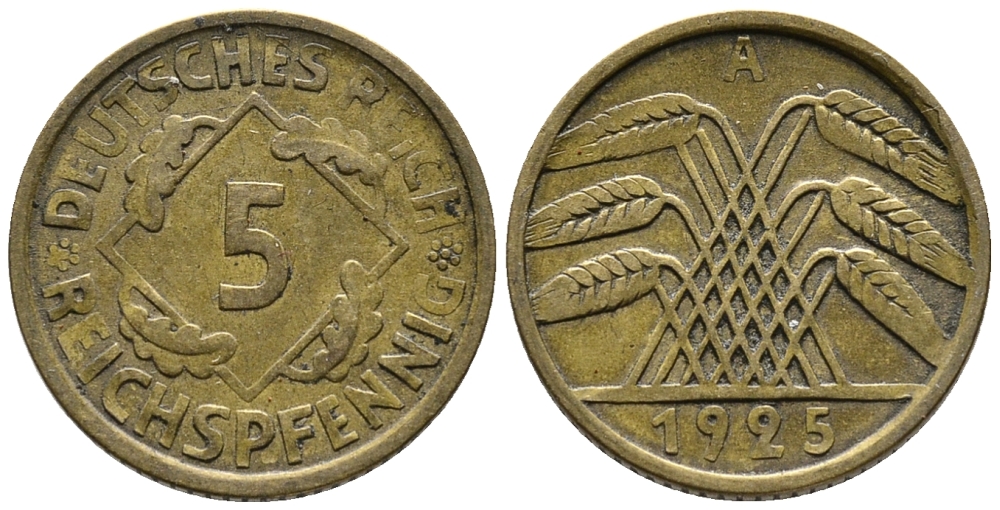 Германия 5 рейхспфеннигов 1925 A KM 39, J. 316, Weege 7 алюминиевая бронза 39-551