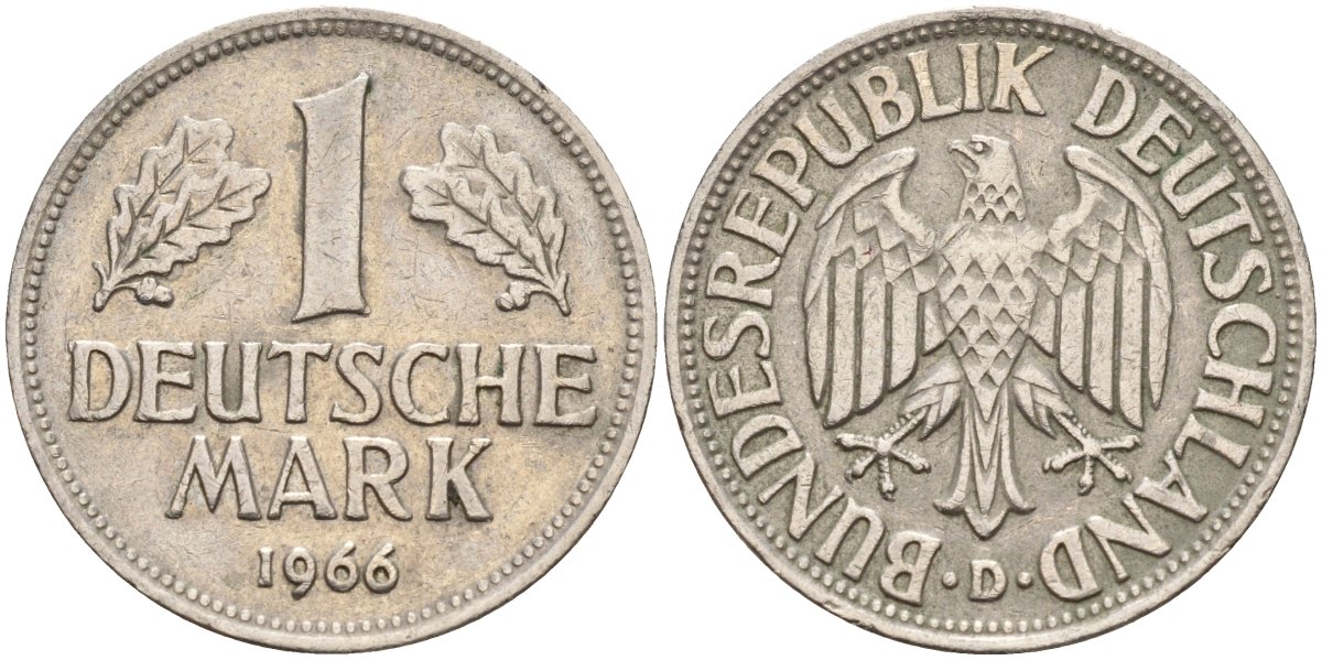 ФРГ 1 марка 1966 D KM 110, J. 385 медно-никель 4177-1113