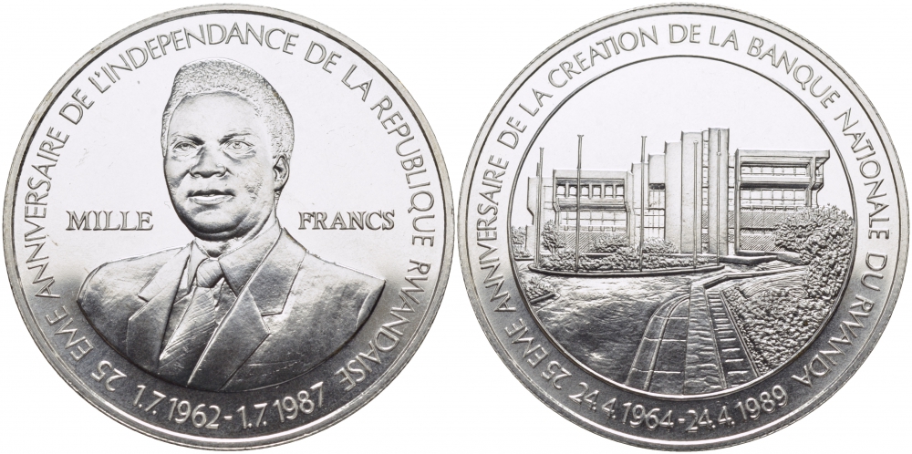 Руанда 1000 франков 1989 25 лет Национальному банку и 25 лет Независимости KM 17 серебро UNC 1071-9-13