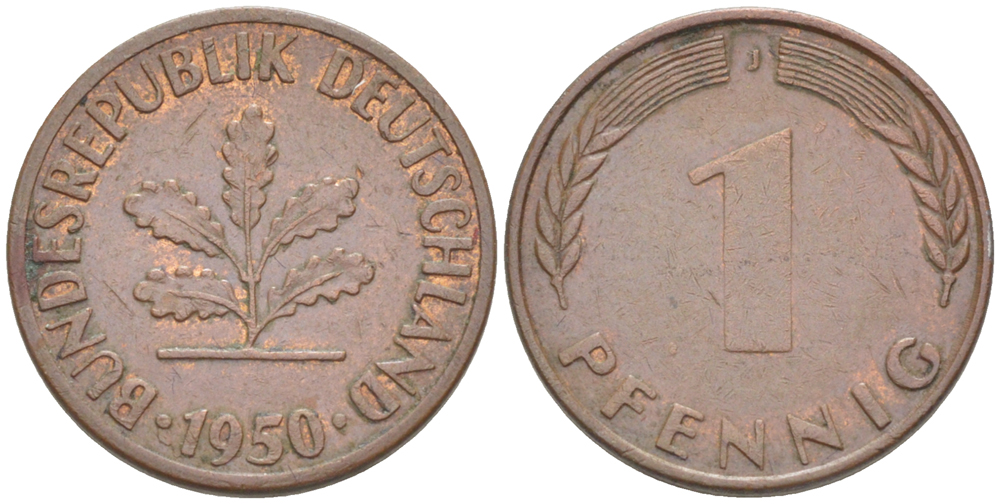 ФРГ 1 ПФЕННИГ 1950 J KM 105, J. 380 сталь плакированная медью 4181-534