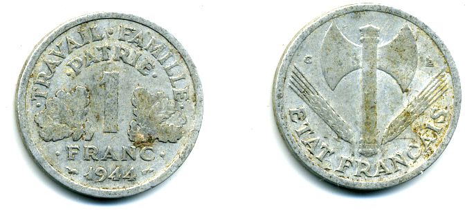 ФРАНЦИЯ 1 ФРАНК 1944 С, ТИП LEGERE, ПРАВИТЕЛЬСТВО ВИШИ KM 902.2, LE FRANC 223.7 алюминий 29-821