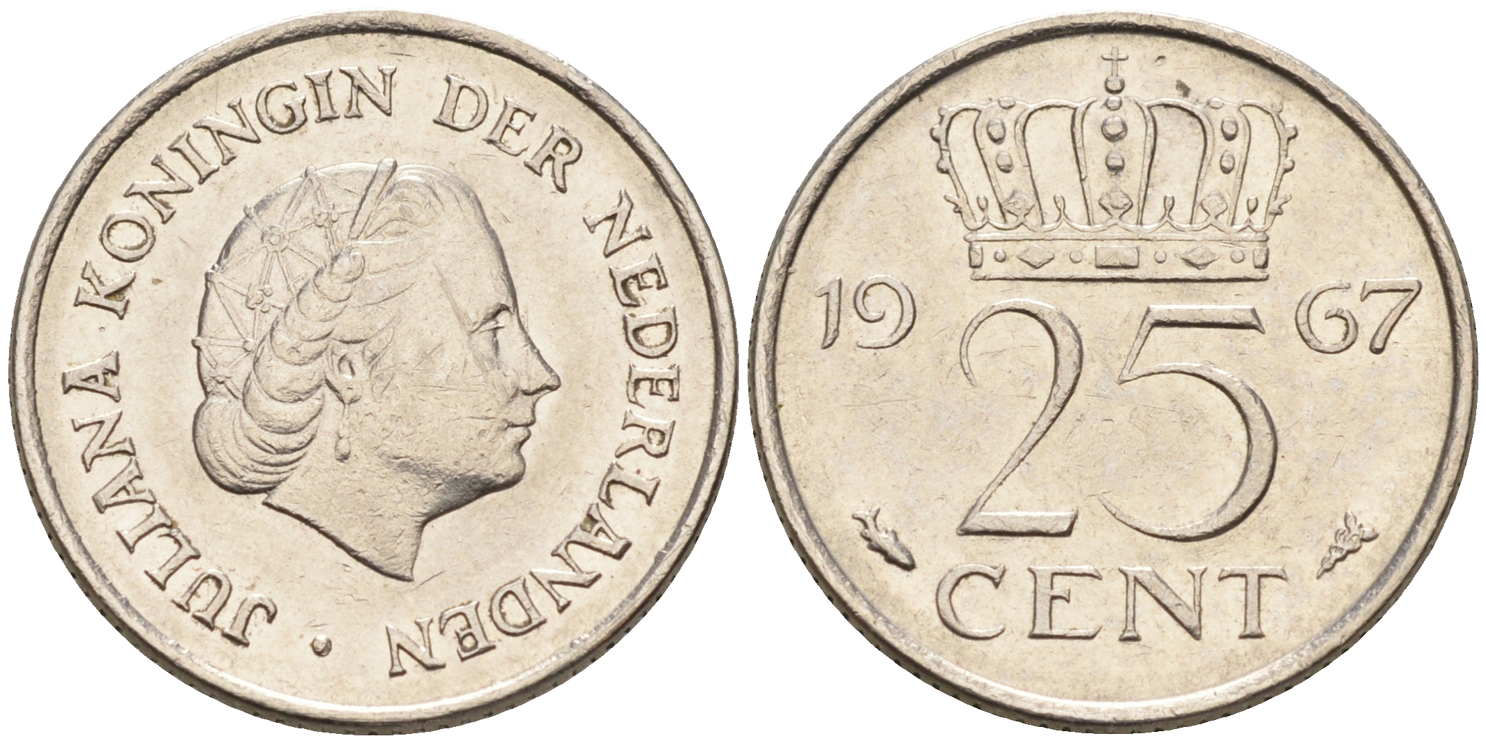 Нидерланды 25 центов 1967 Юлиана (1949-1980) KM 183 никель    4174-653