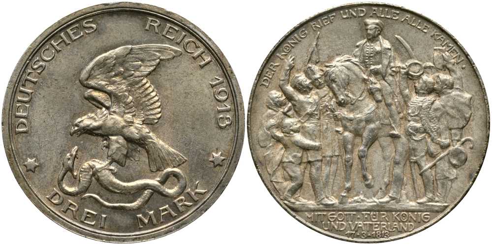 Пруссия 3 марки 1913 Вильгельм II (1888-1918), 100 лет победы над Наполеоном KM 534, J. 110 серебро 1515-1431