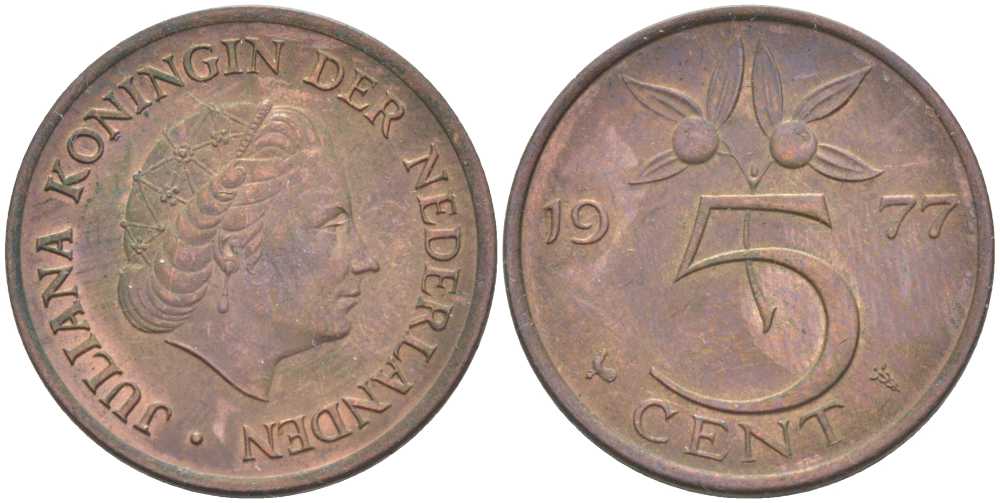 Нидерланды 5 центов 1977 Юлиана (1948-1980) KM 181 бронза 213-1144