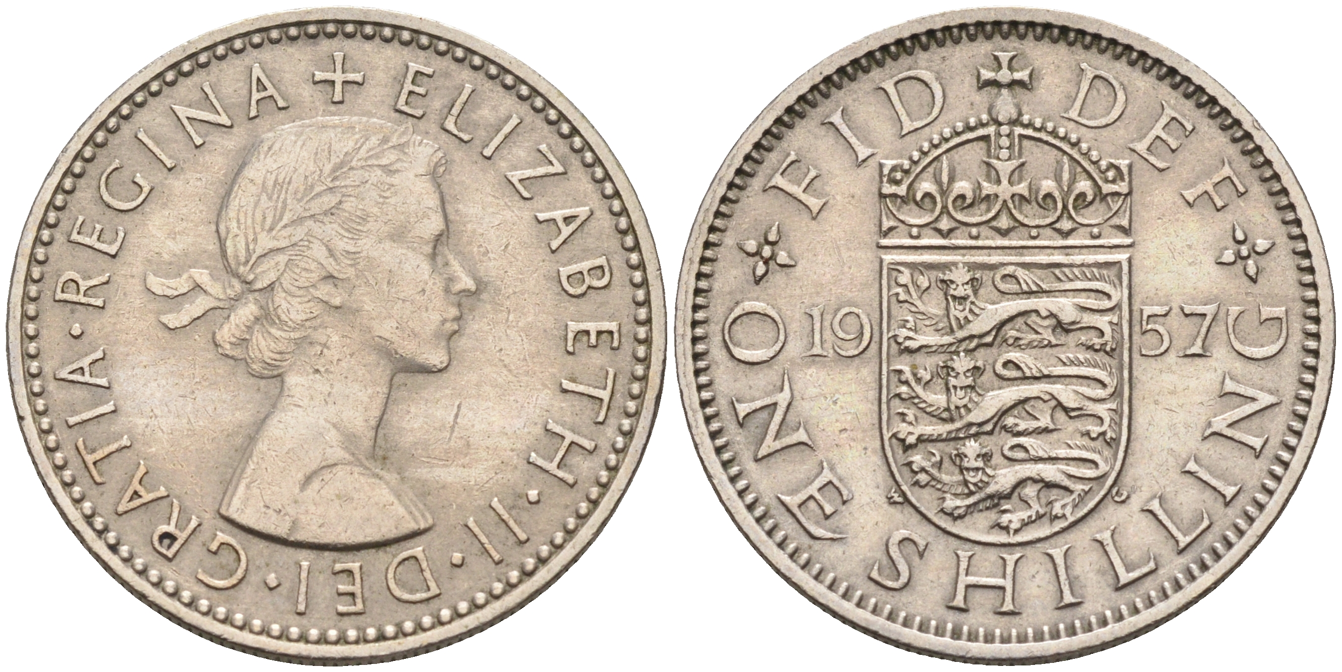 Великобритания 1 шиллинг 1957 Елизавета II (1952-2022), Английский герб KM 904, Spink 4147 медно-никель    4150-531