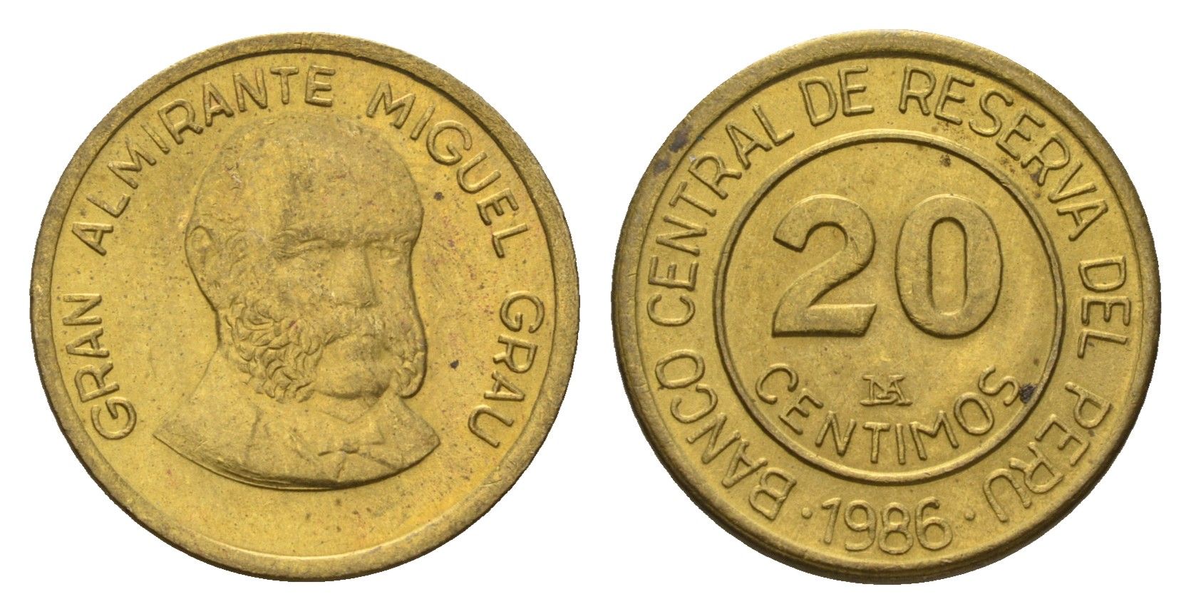 Перу 20 сентимо 1986 Мигель Грау Семинарио KM 294 латунь UNC 4674-1055