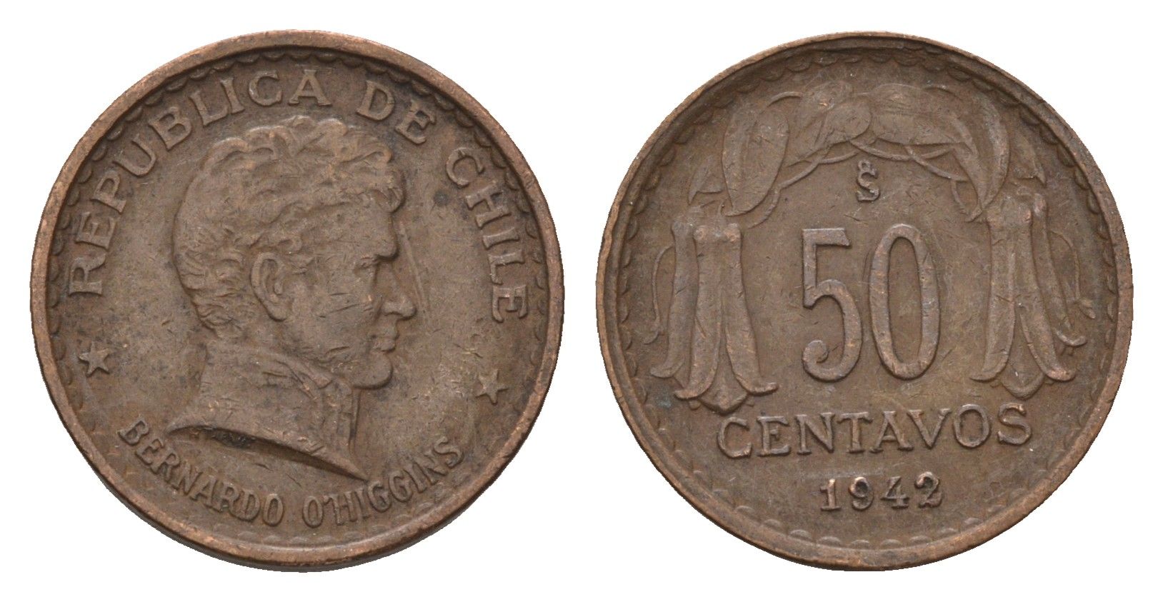Чили 50 сентаво 1942 год-тип KM 178 медь 4685-847