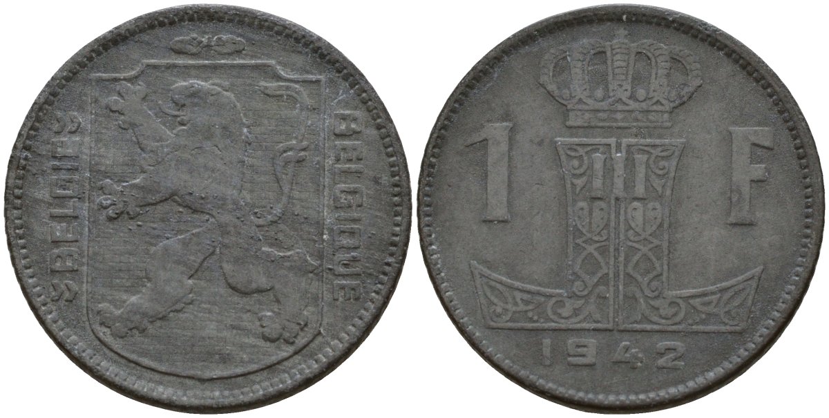 Бельгия 1 франк 1942 Belgique - Belgie, Леопольд III (1934-1947), германская оккупация, Вторая мировая война KM 127 цинк 4161-453