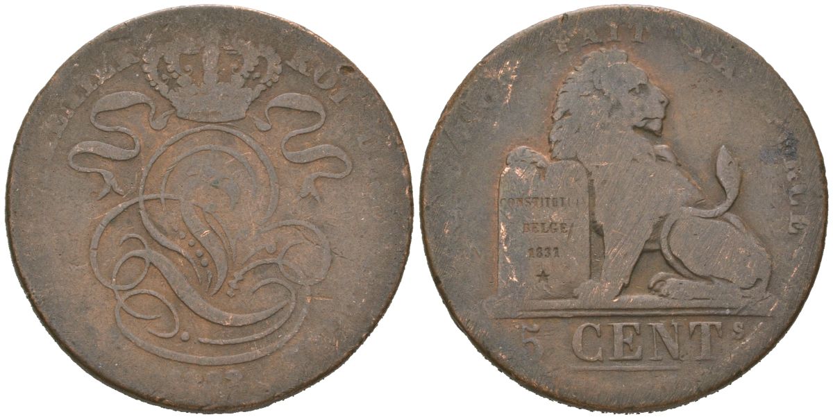 Бельгия 5 сантимов 1833? Леопольд I (1831-1865) KM 5.1 медь 113-1026