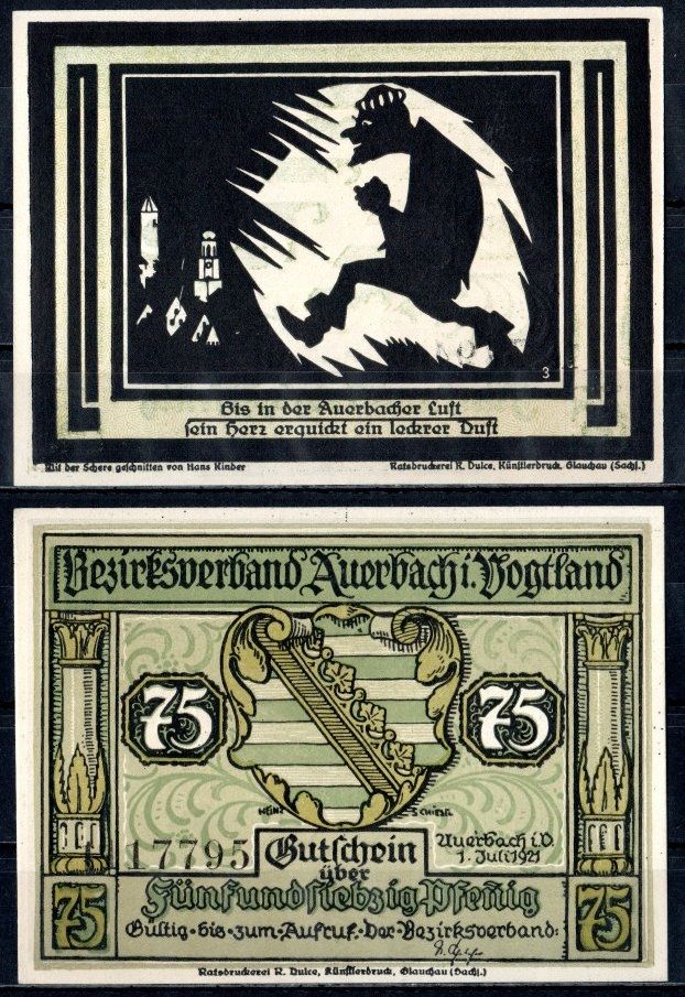 Ауэрбах-им-Фогтланд (Саксония) 75 пфеннигов 1921 Mehl Grabowski 53.1a-4.1 бумага UNC (пресс) 7556-41-1-2