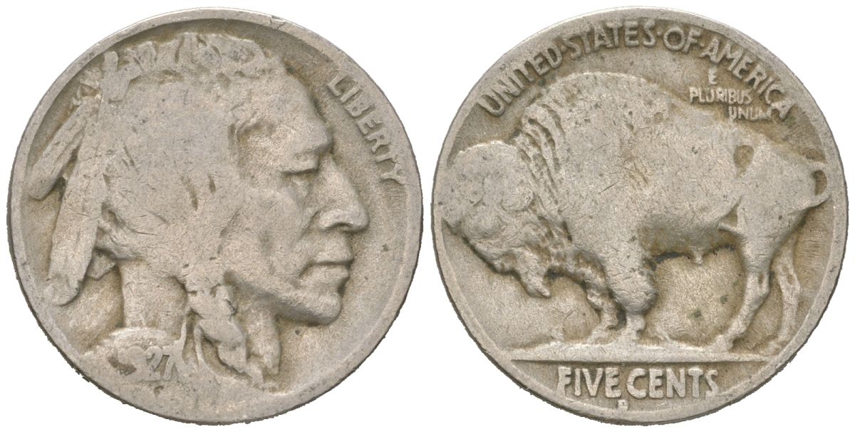 США 5 центов 1927 D, индеец, бизон KM 134 медно-никель 4614-1129