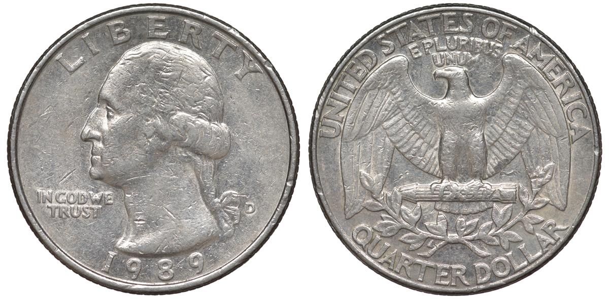 США 25 центов = квотер 1989 D, Вашингтон KM A164a медь плакированная медно-никелем 4556-1033