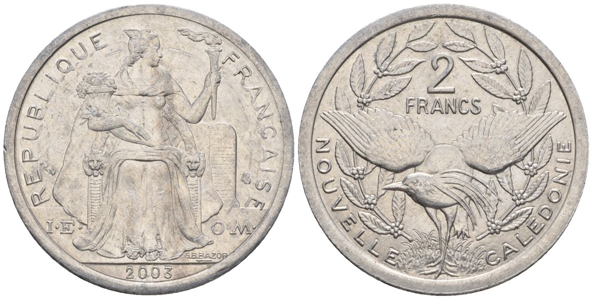 Французская Новая Каледония 2 франка 2003 птица кагу, (IEOM) KM 14, Schoen 11, Lec 68h алюминий    25-1453