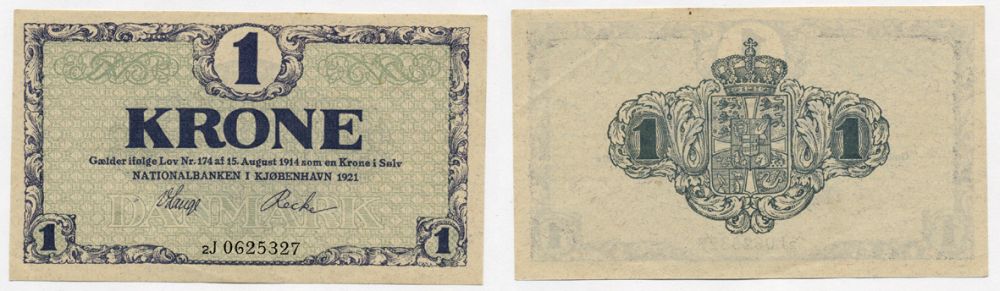 Дания 1 крона 1921 серия 2J Pick 12 h бумага aUNC 7217-2-3-2