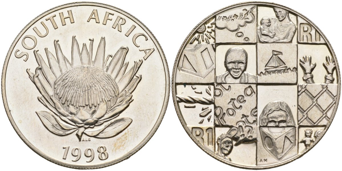 ЮАР 1 ранд 1998 год ребёнка KM 177 серебро UNC 00-000-00