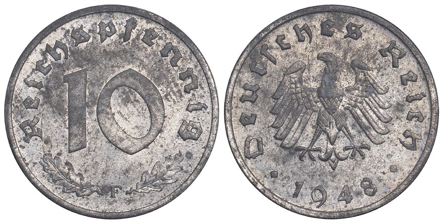 ГЕРМАНИЯ 10 РЕЙХСПФЕННИГОВ 1948 F, ОККУПАЦИЯ ГЕРМАНИИ СОЮЗНЫМИ ВОЙСКАМИ KM A 104 цинк aUNC 02-264-56