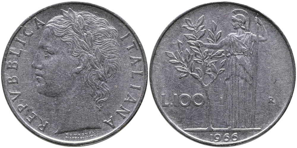 ИТАЛИЯ 100 ЛИР 1966 R, АФИНА KM 96.1 нержавеющая сталь 97-611