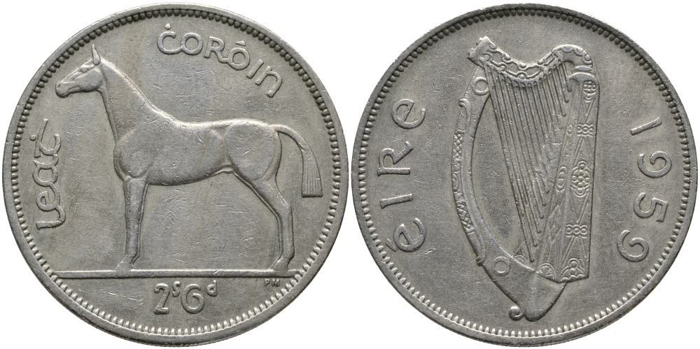 ИРЛАНДИЯ 1/2 КРОНЫ - 2 ШИЛЛИНГА 6 ПЕНСОВ 1959 ЛОШАДЬ KM 16а медно-никель 3457-245