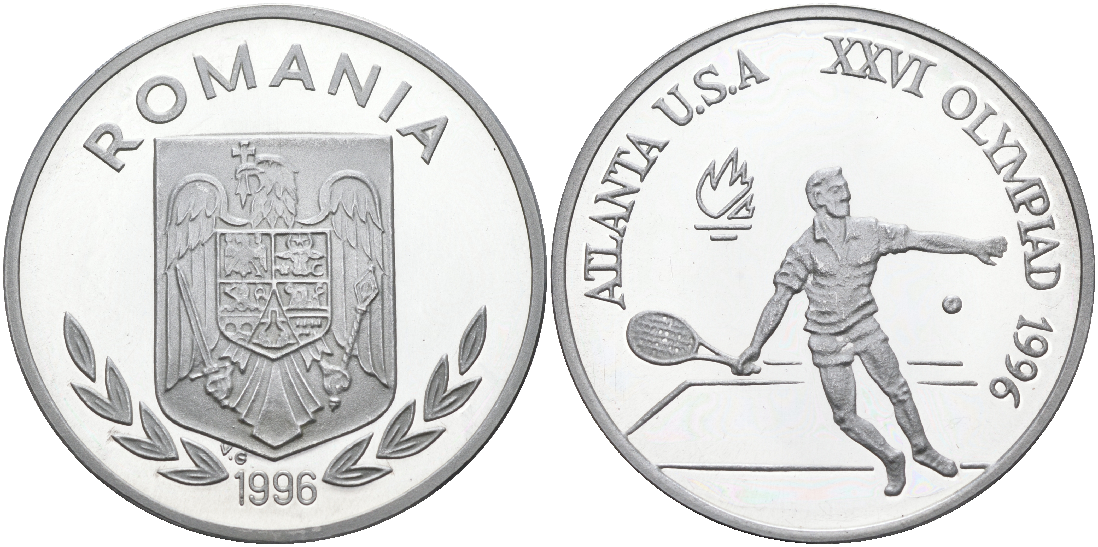 Румыния 100 леев 1996 XXVI Олимпийские игры 1996 года в Атланте, 100 лет Олимпийскому движению, большой теннис, пробный выпуск KM PnD 315.1A1 алюминий  PROOF  11-156-44