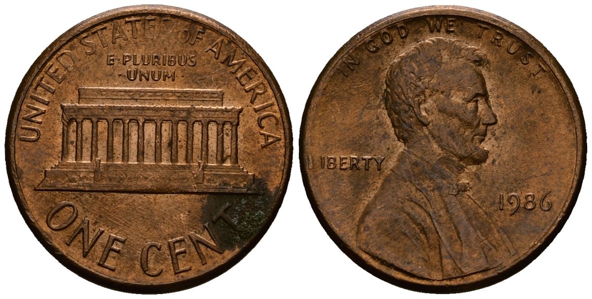 США 1 цент 1986 Линкольн KM 201b медь цинк 4173-731