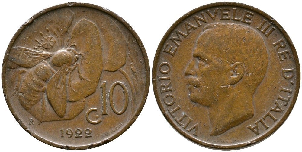 ИТАЛИЯ 10 ЧЕНТЕЗИМО 1922 R, ВИКТОРИО ЭМАНУИЛ III, ПЧЕЛА KM 60 медь 87-1237