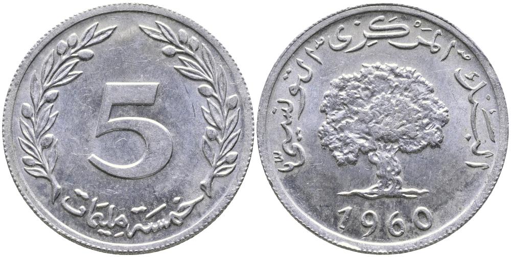 ТУНИС 5 МИЛЛИМОВ 1960 ДУБОВОЕ ДЕРЕВО KM 282 алюминий 3336-822