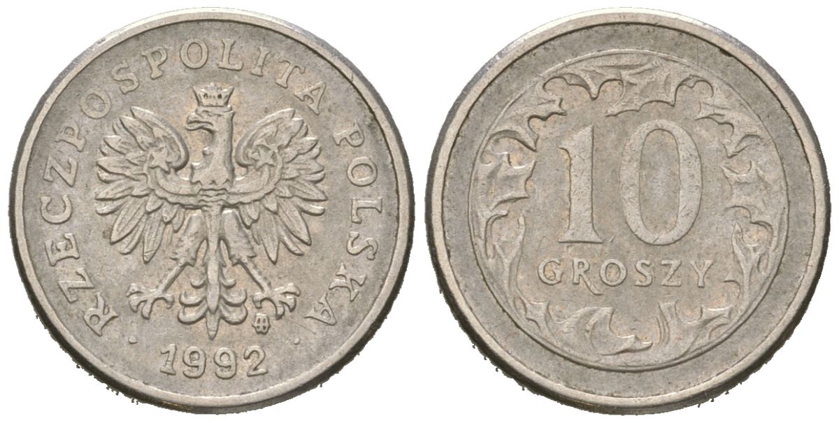 Польша 10 грошей 1992 KM 279 медно-никель aUNC 4532-355