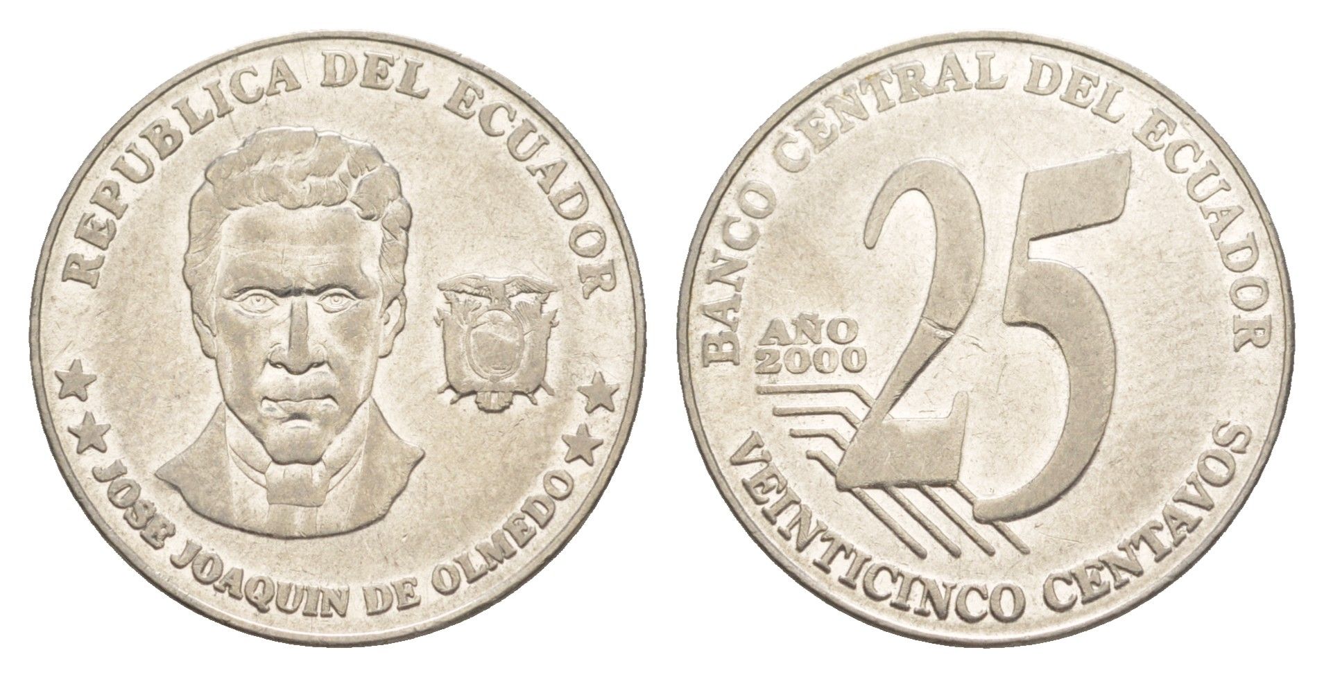 Эквадор 25 сентаво 2000 KM 107 нержавеющая сталь 4641-556