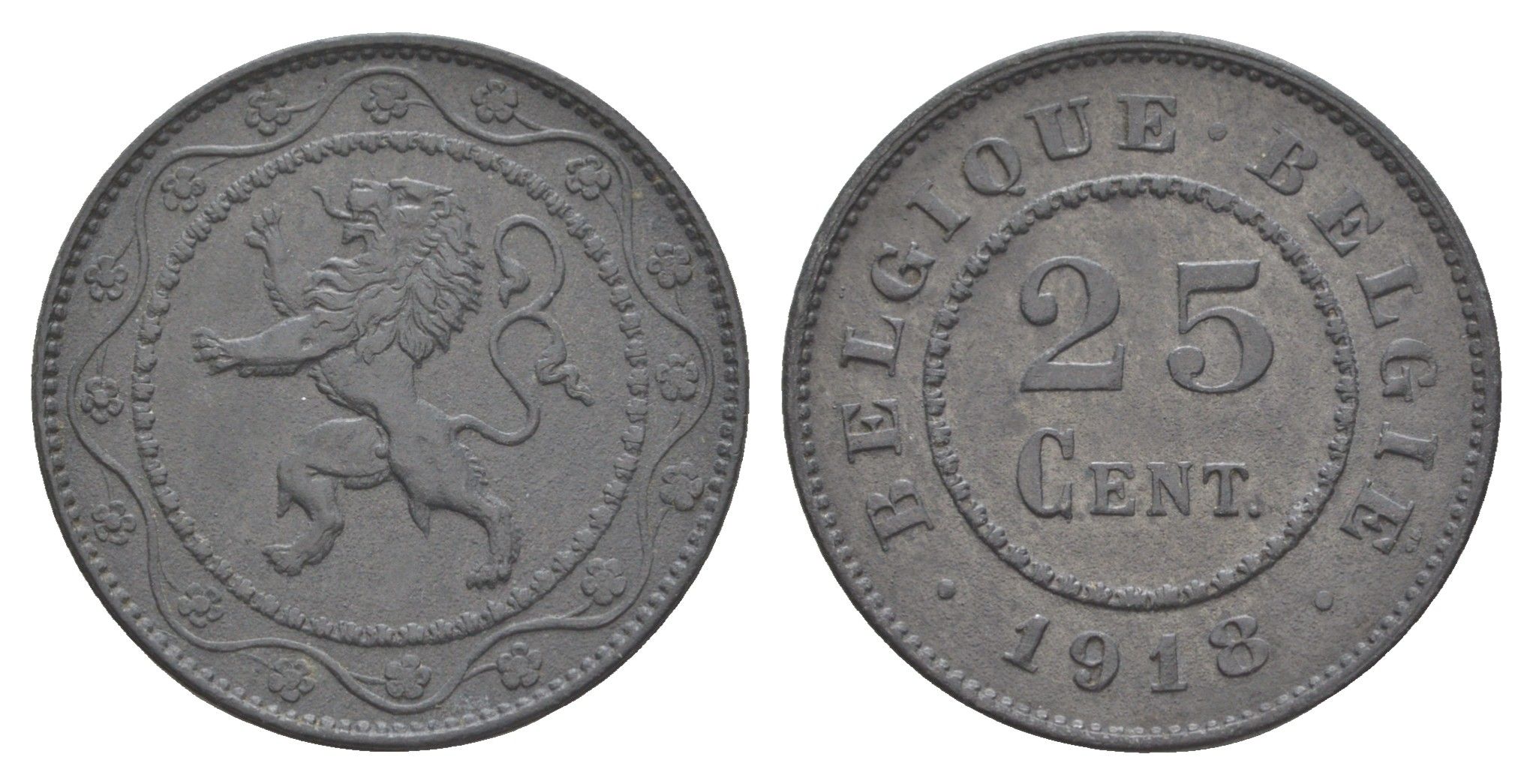 Бельгия 25 сантимов 1918 германская оккупация Первая мировая война, Альберт I (1909-1934) KM 82 цинк 4156-847