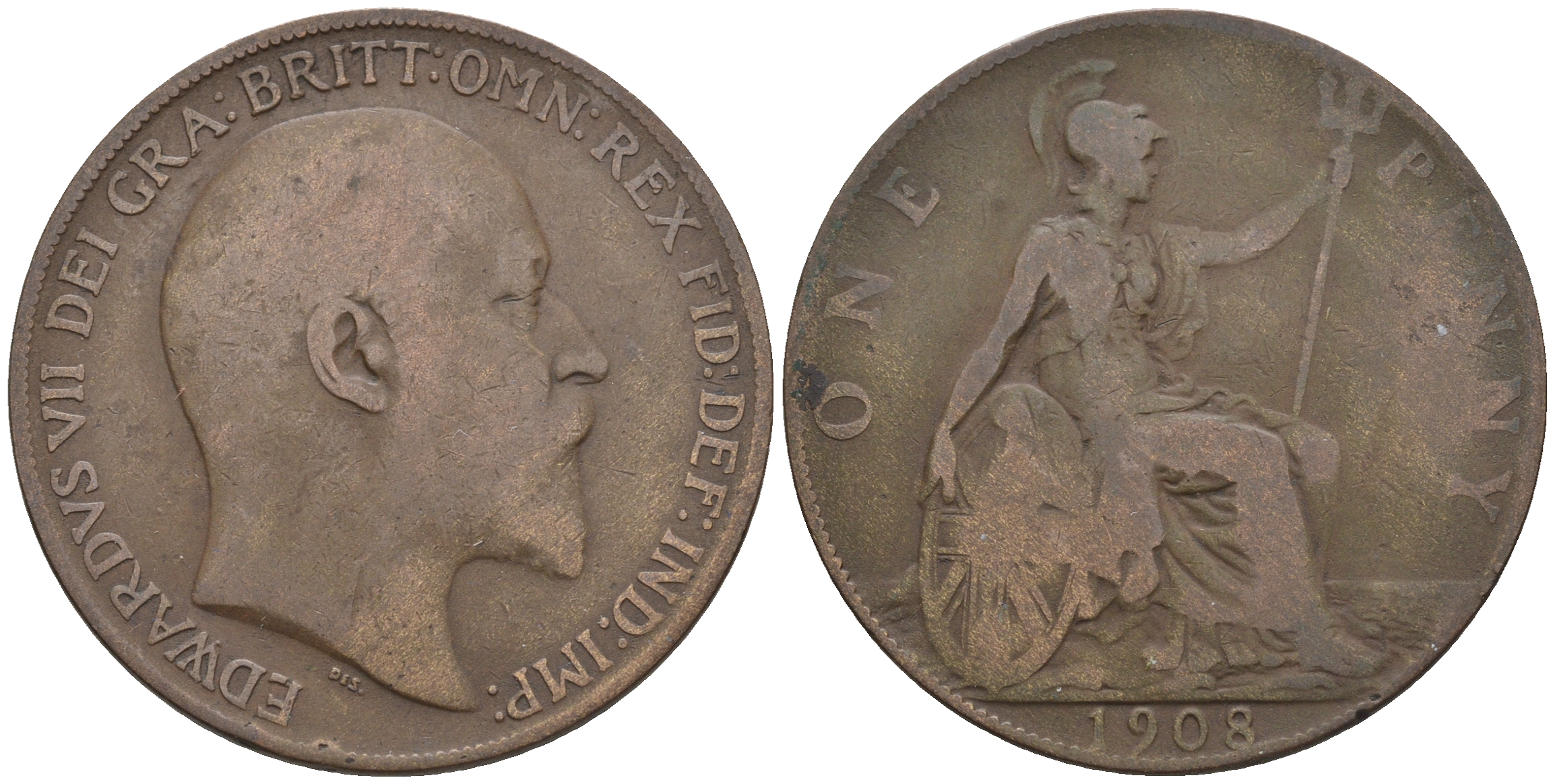 Великобритания 1 пенни 1908 Эдуард VII (1901-1910) KM 794.2, Spink 3990 бронза 4607-1016