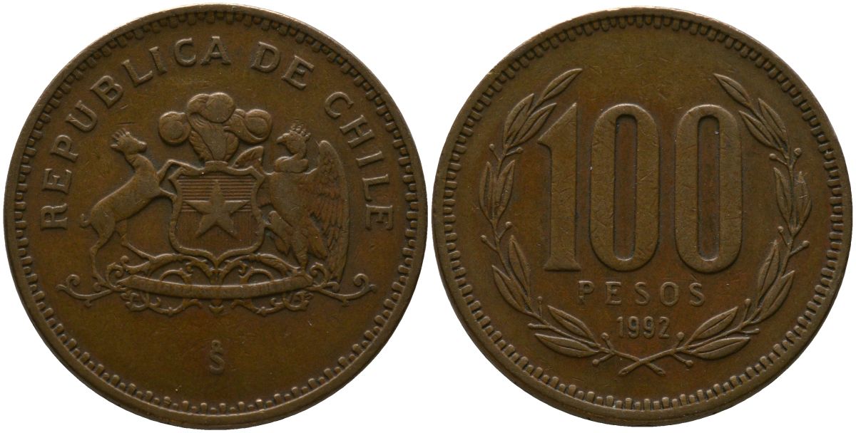 Чили 100 песо 1992 So KM 226.2, Schon 71 алюминиевая бронза 4544-1036